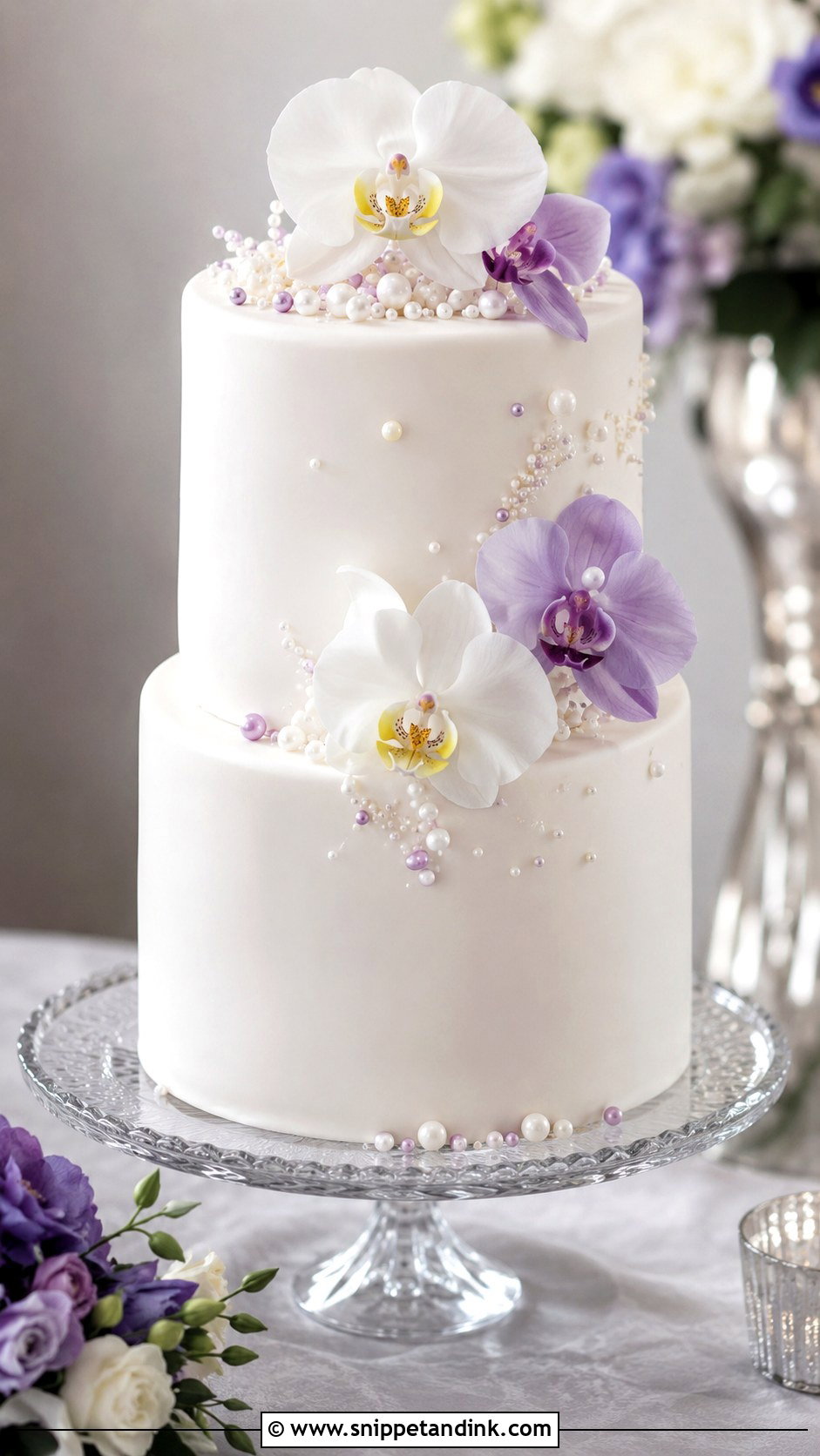 Elegant Wedding Cake With Orchids And Pearls - Snippet and Ink - 30 Wedding Cake Ideas with Flowers and Pearls