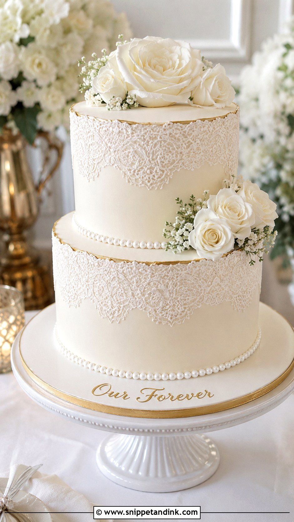 Elegant Wedding Cake With Our Forever - Snippet and Ink - 25 Wedding Cake Wording Ideas