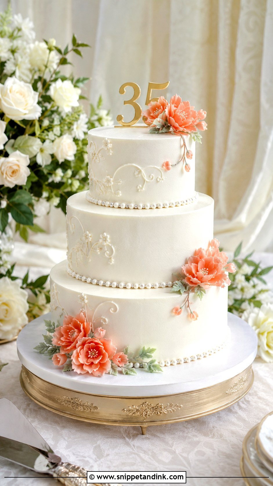 Elegant White Anniversary Cake - Snippet and Ink - 20 35th Anniversary Cake Ideas
