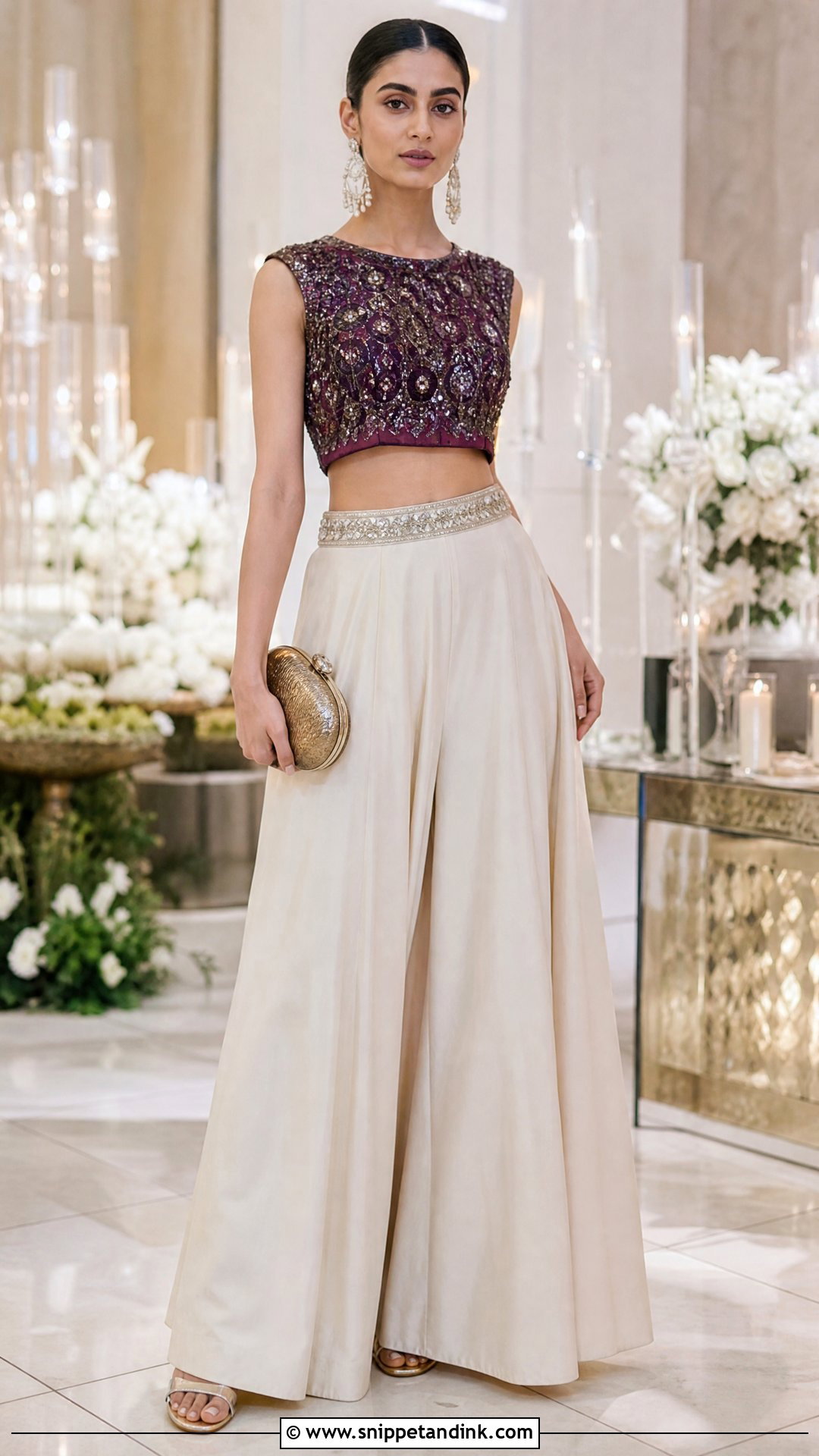 Embellished Crop Top And Palazzo Pants Wedding Guest Outfit - Snippet and Ink - 20 crop top outfits for a wedding guest