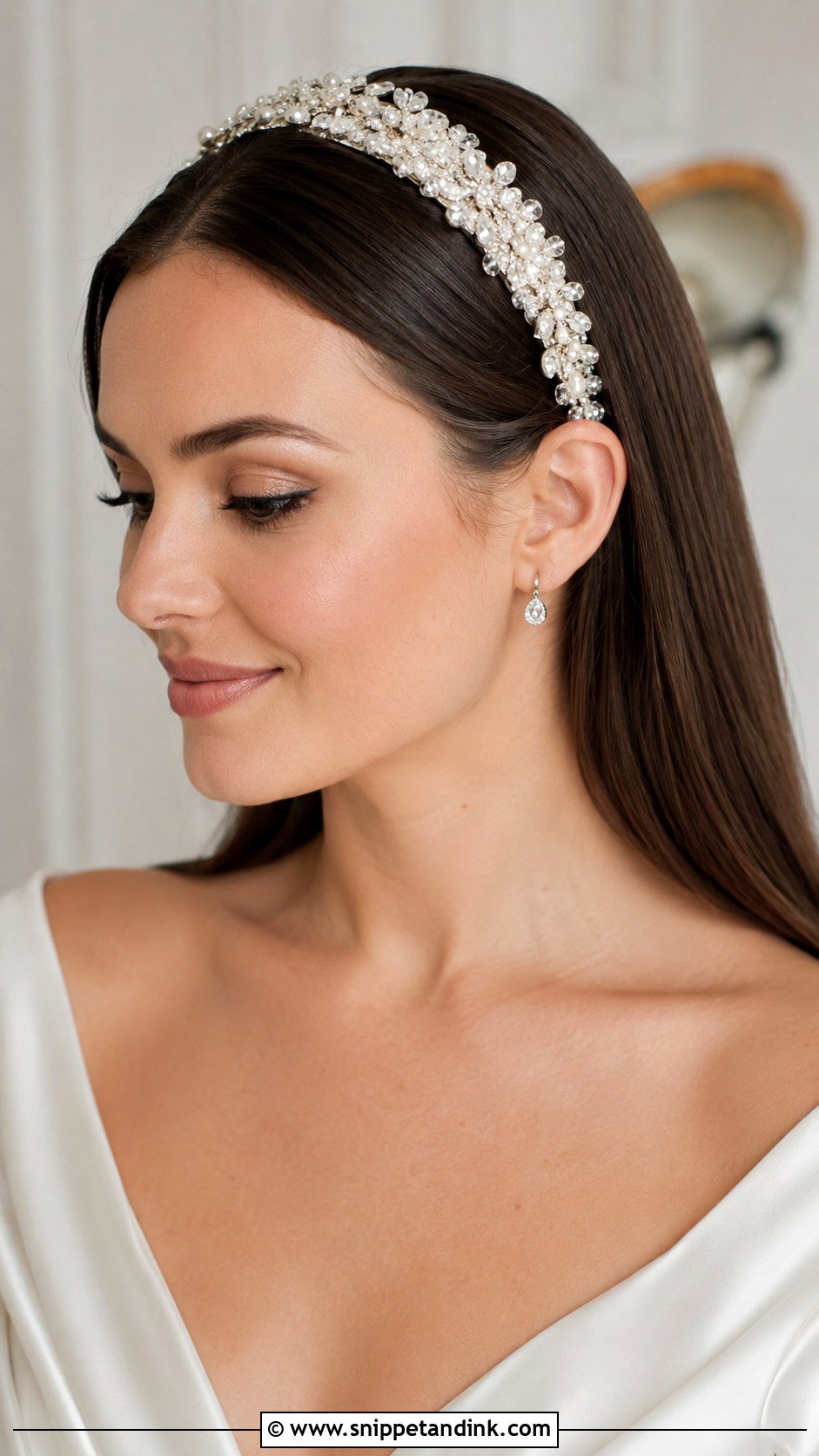 Embellished Headband With Long Straight Hair - Snippet and Ink - 20 Bridal Headband with Hair Down Ideas