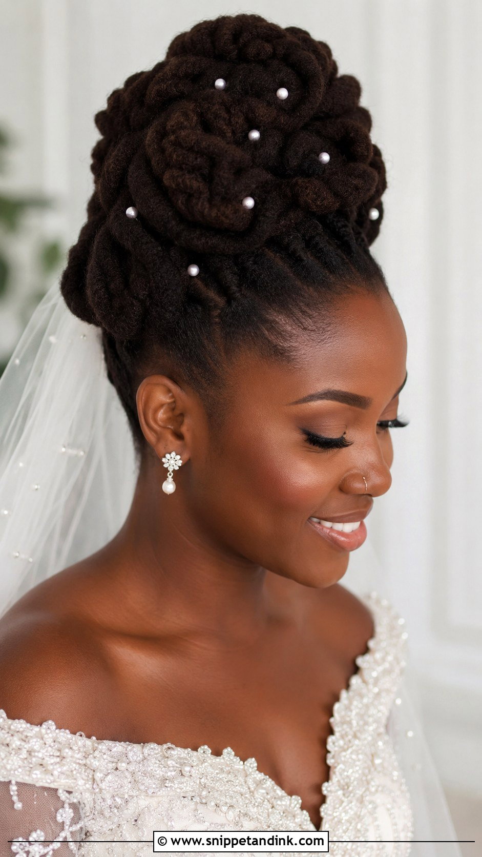Embellished Natural Hair Updo With Pearls - Snippet and Ink - 25 Black Hair Wedding Styles