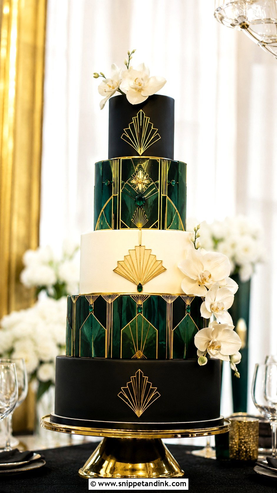 Emerald Green And Black Wedding Cake With Art Deco Pattern - Snippet and Ink - 25 Emerald Green and Black Wedding Cake Ideas