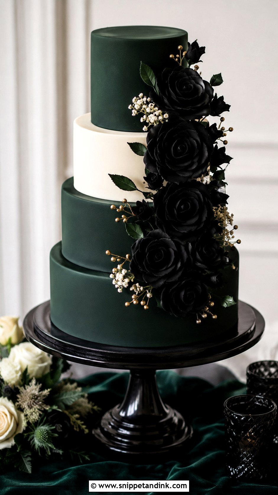 Emerald Green And Black Wedding Cake With Black Roses - Snippet and Ink - 25 Emerald Green and Black Wedding Cake Ideas