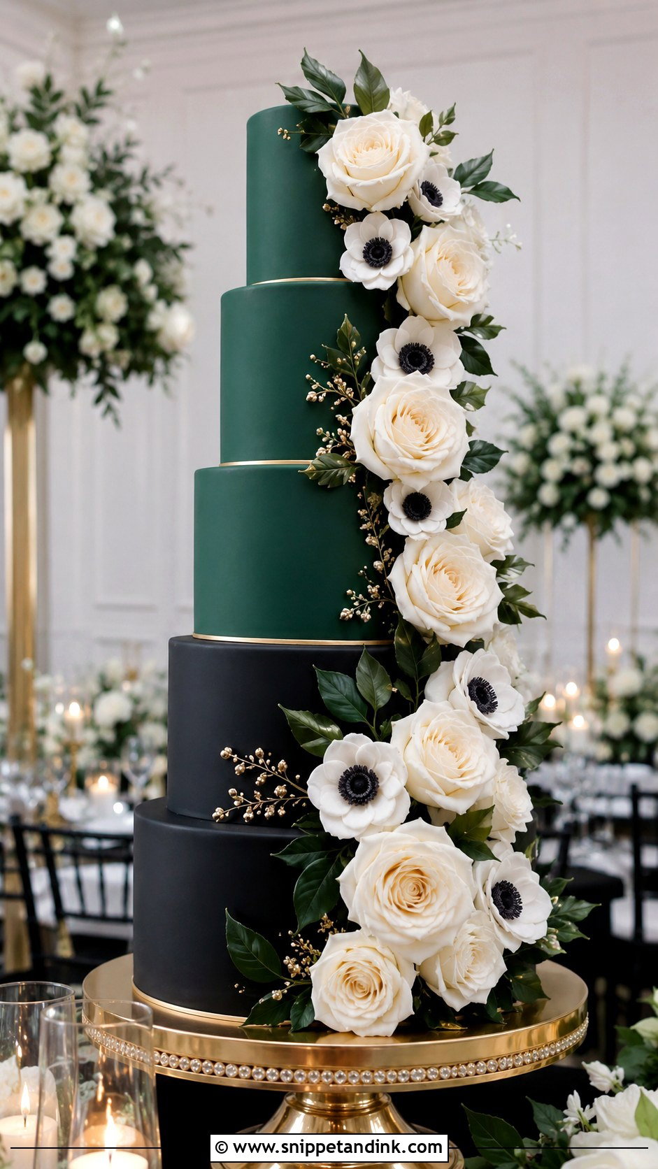 Emerald Green And Black Wedding Cake With Floral Cascade - Snippet and Ink - 25 Emerald Green and Black Wedding Cake Ideas