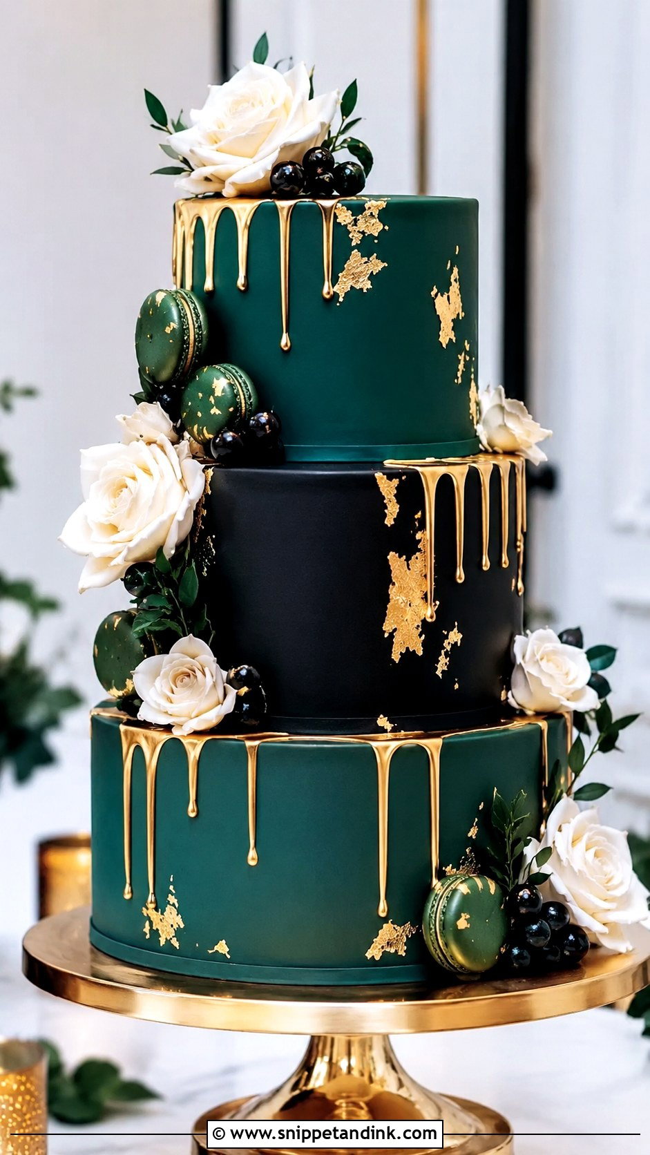 Emerald Green And Black Wedding Cake With Gold Drip - Snippet and Ink - 25 Emerald Green and Black Wedding Cake Ideas