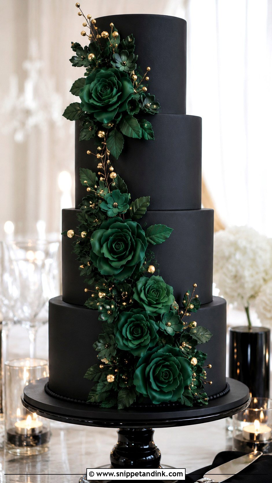 Emerald Green And Black Wedding Cake With Gold Leaf - Snippet and Ink - 25 Emerald Green and Black Wedding Cake Ideas