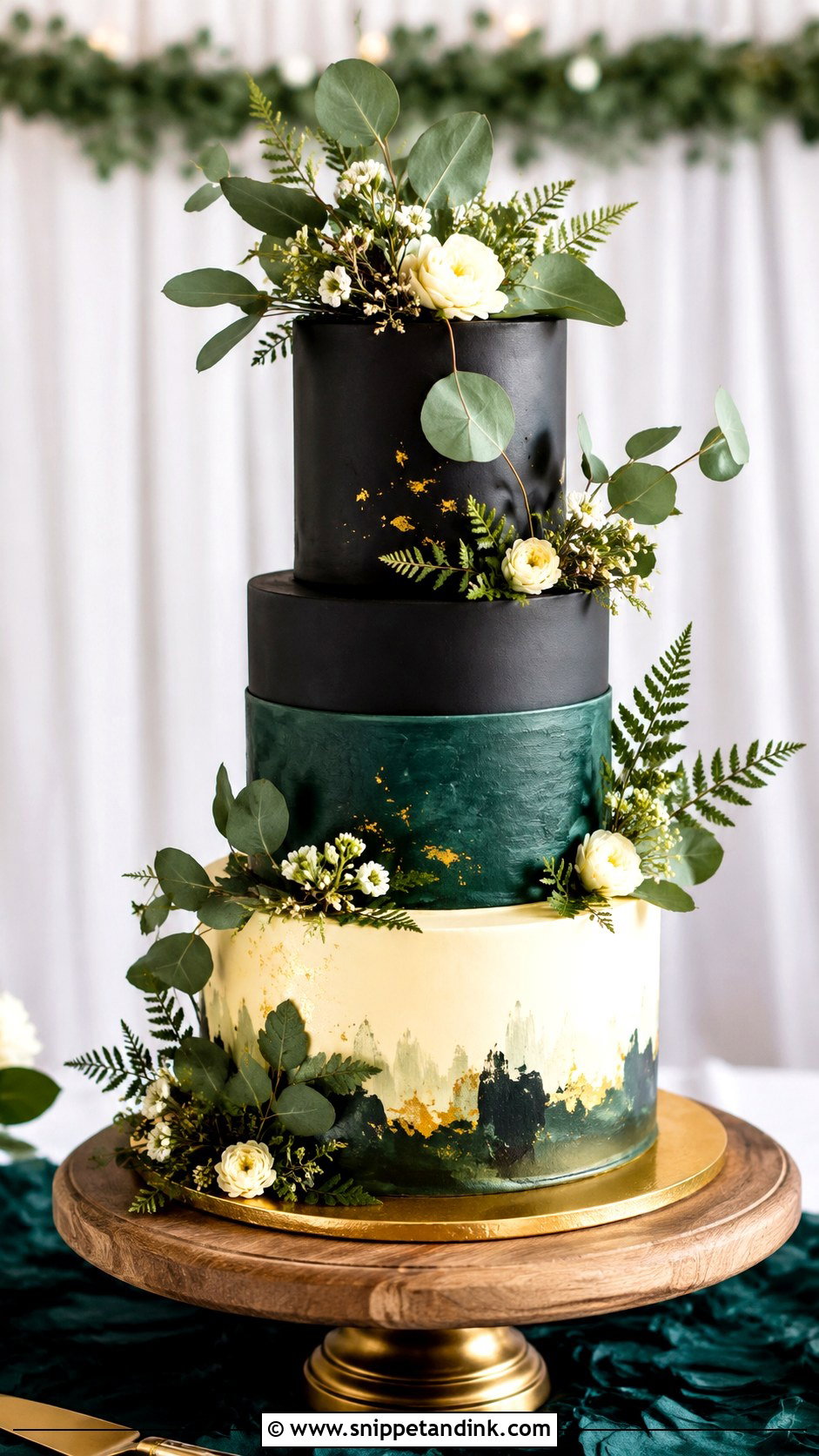 Emerald Green And Black Wedding Cake With Greenery - Snippet and Ink - 25 Emerald Green and Black Wedding Cake Ideas