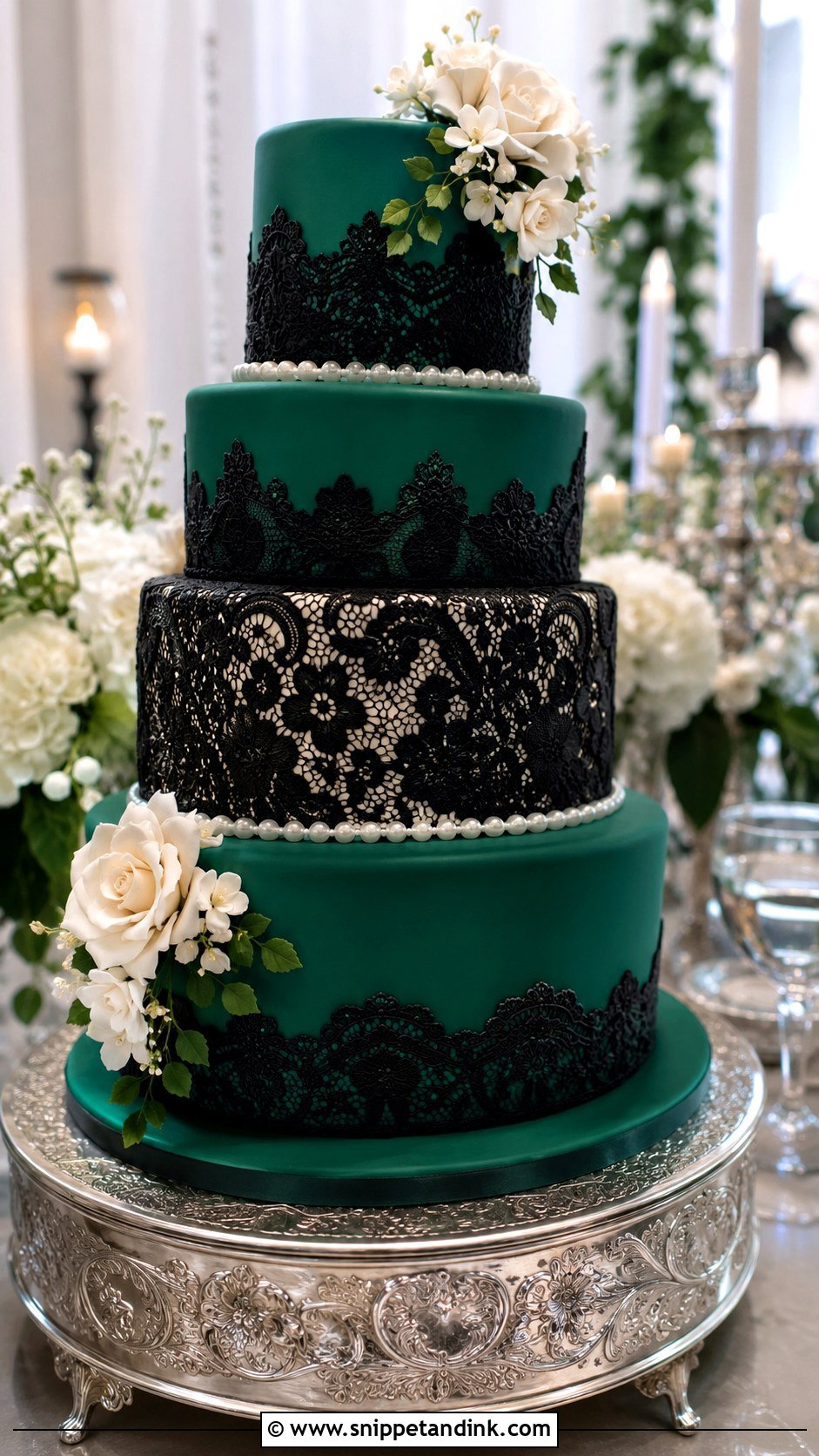 Emerald Green And Black Wedding Cake With Lace - Snippet and Ink - 25 Emerald Green and Black Wedding Cake Ideas