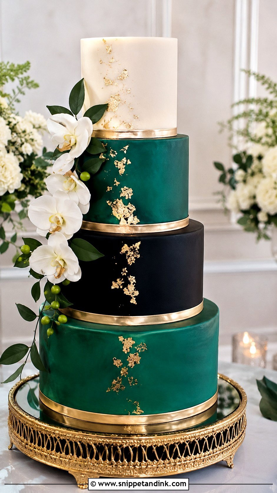 Emerald Green And Black Wedding Cake With Metallic Trim - Snippet and Ink - 25 Emerald Green and Black Wedding Cake Ideas