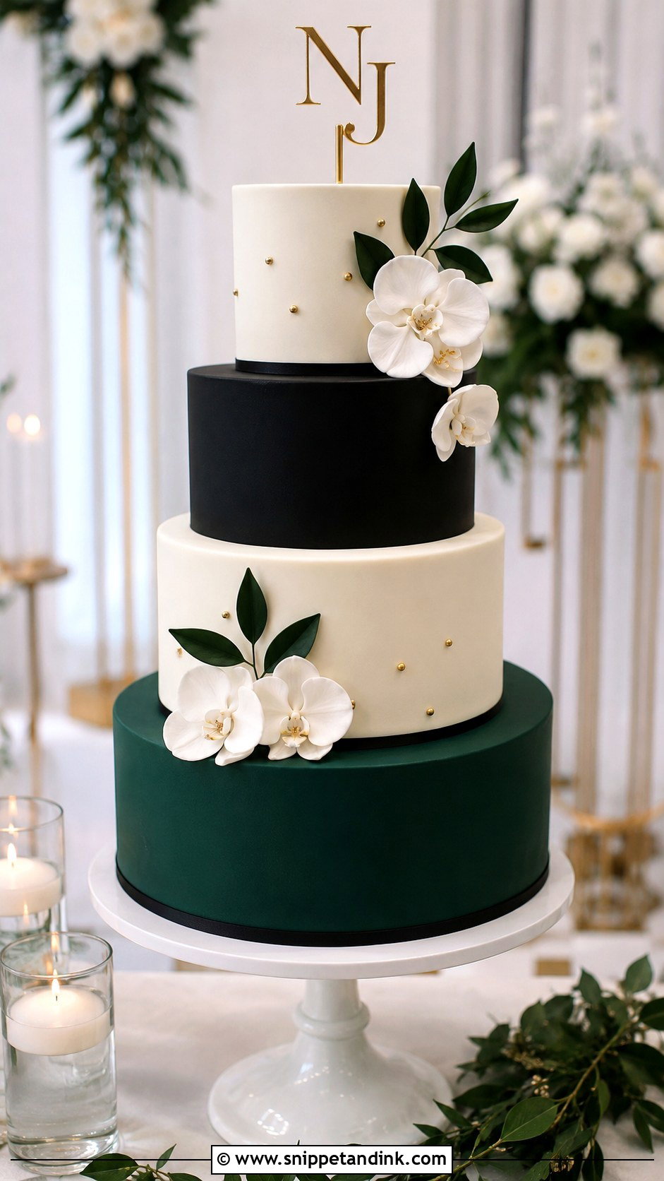Emerald Green And Black Wedding Cake With Minimal Topper - Snippet and Ink - 25 Emerald Green and Black Wedding Cake Ideas
