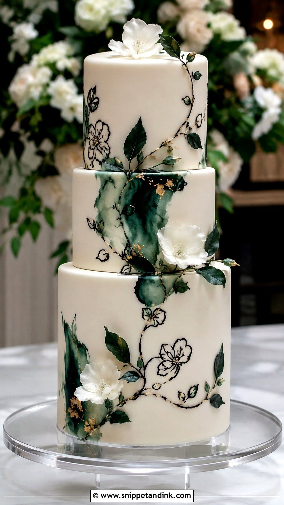 Emerald Green And Black Wedding Cake With Painted Details - Snippet and Ink - 25 Emerald Green and Black Wedding Cake Ideas