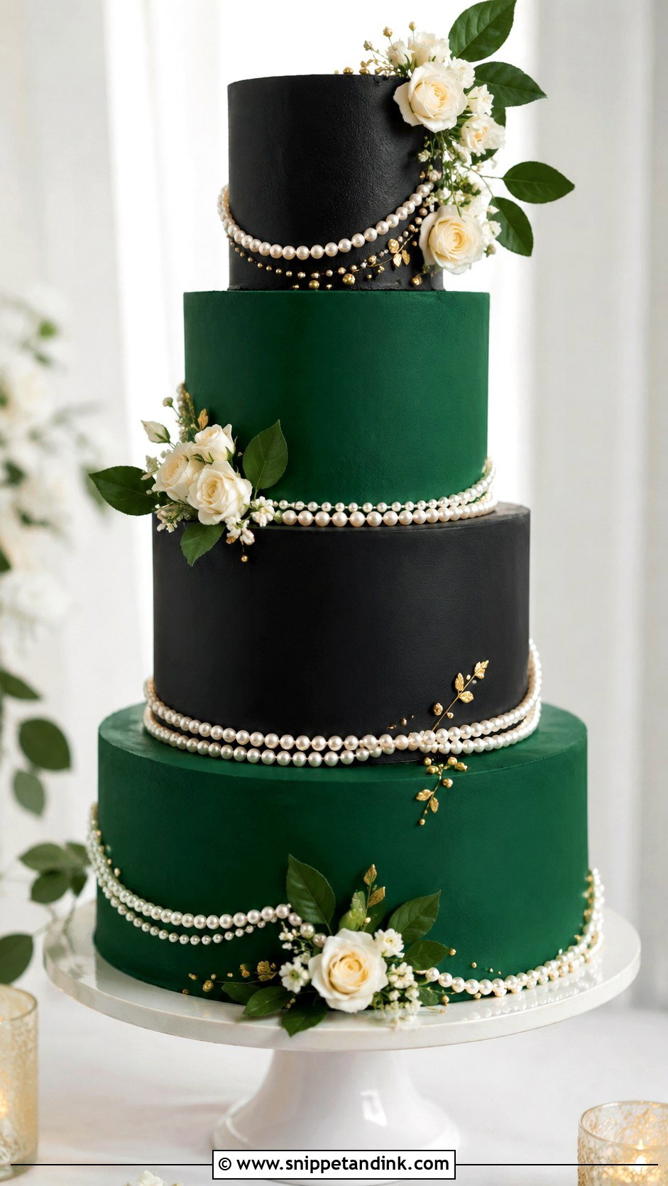 Emerald Green And Black Wedding Cake With Pearls - Snippet and Ink - 25 Emerald Green and Black Wedding Cake Ideas
