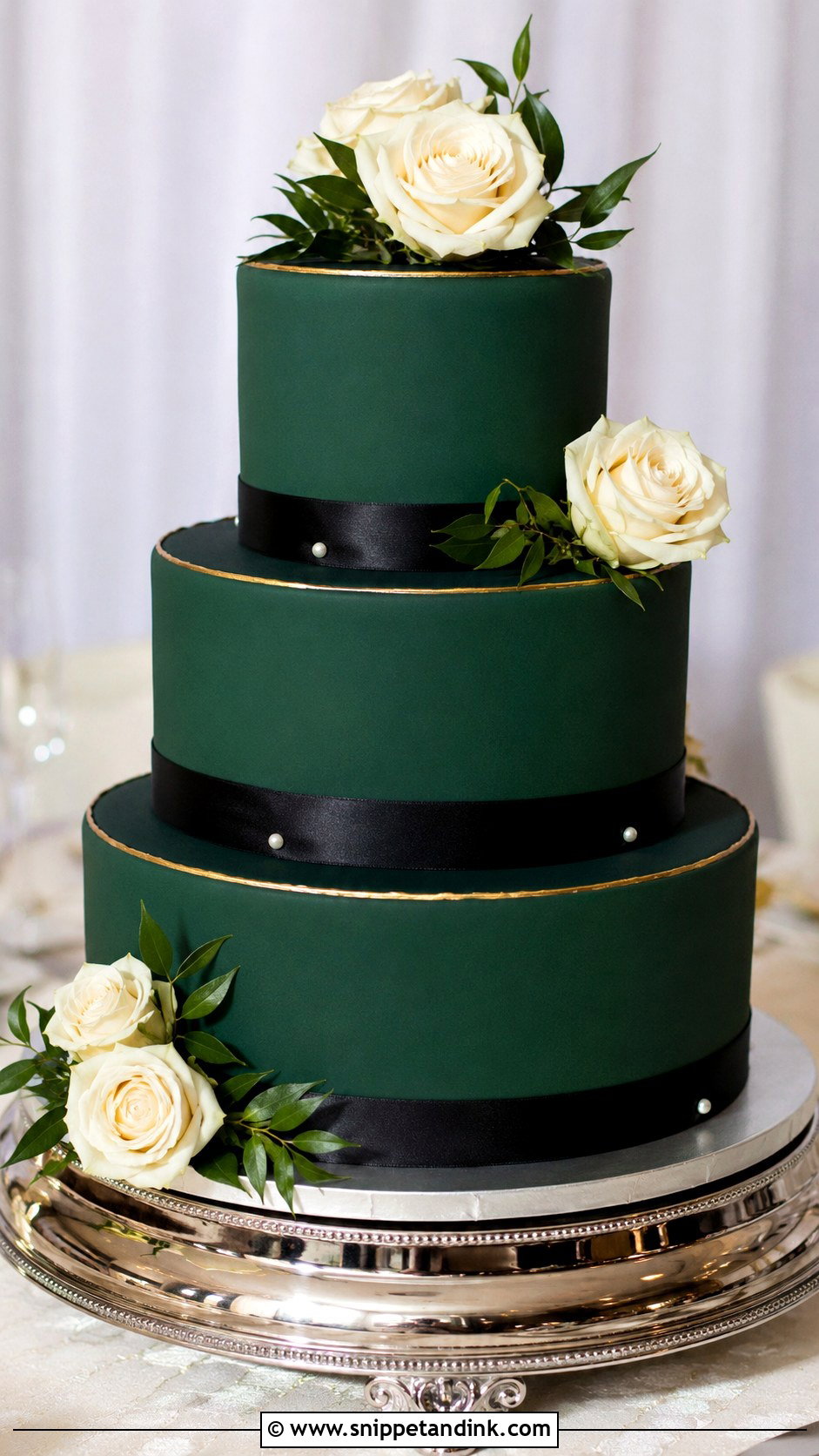Emerald Green And Black Wedding Cake With Satin Ribbon - Snippet and Ink - 25 Emerald Green and Black Wedding Cake Ideas