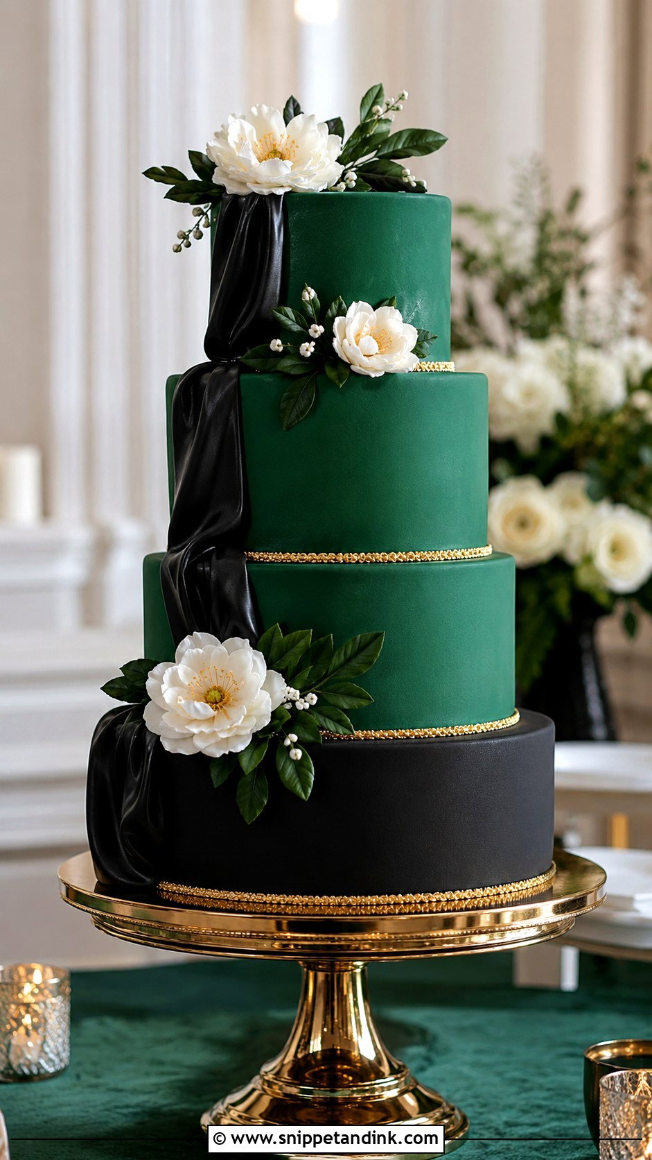 Emerald Green And Black Wedding Cake With Sugar Flowers - Snippet and Ink - 25 Emerald Green and Black Wedding Cake Ideas