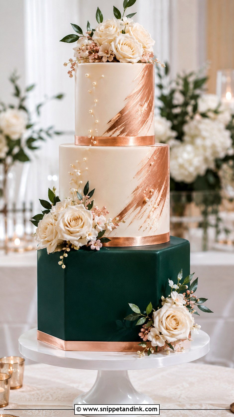 Emerald Green And Rose Gold Fondant Wedding Cake - Snippet and Ink - 20 Emerald Green and Rose Gold Wedding Cake Ideas