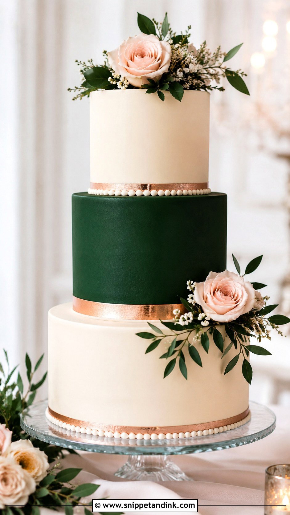 Emerald Green And Rose Gold Tiered Wedding Cake - Snippet and Ink - 20 Emerald Green and Rose Gold Wedding Cake Ideas