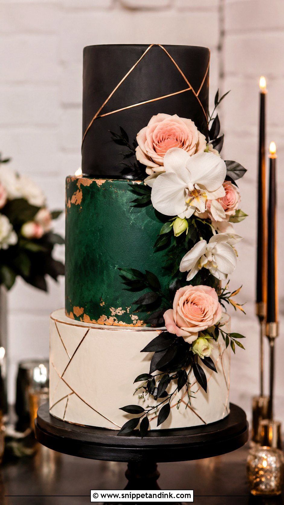 Emerald Green Black And Rose Gold Wedding Cake - Snippet and Ink - 20 Emerald Green and Rose Gold Wedding Cake Ideas