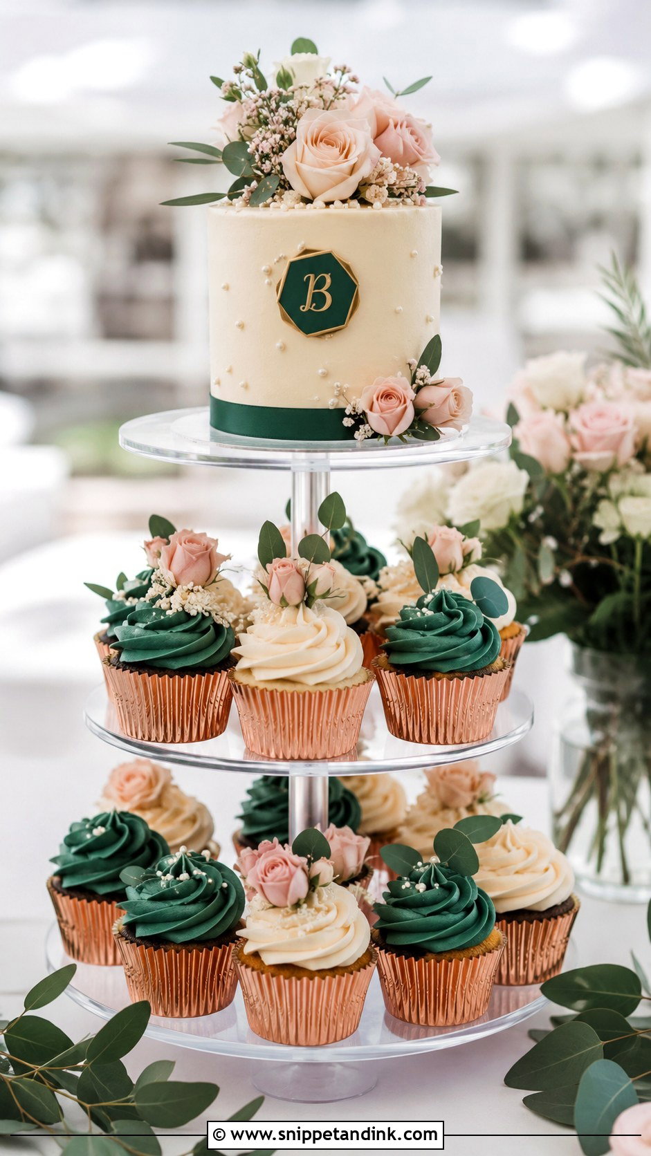 Emerald Green Cupcake Wedding Cake - Snippet and Ink - 20 Emerald Green and Rose Gold Wedding Cake Ideas