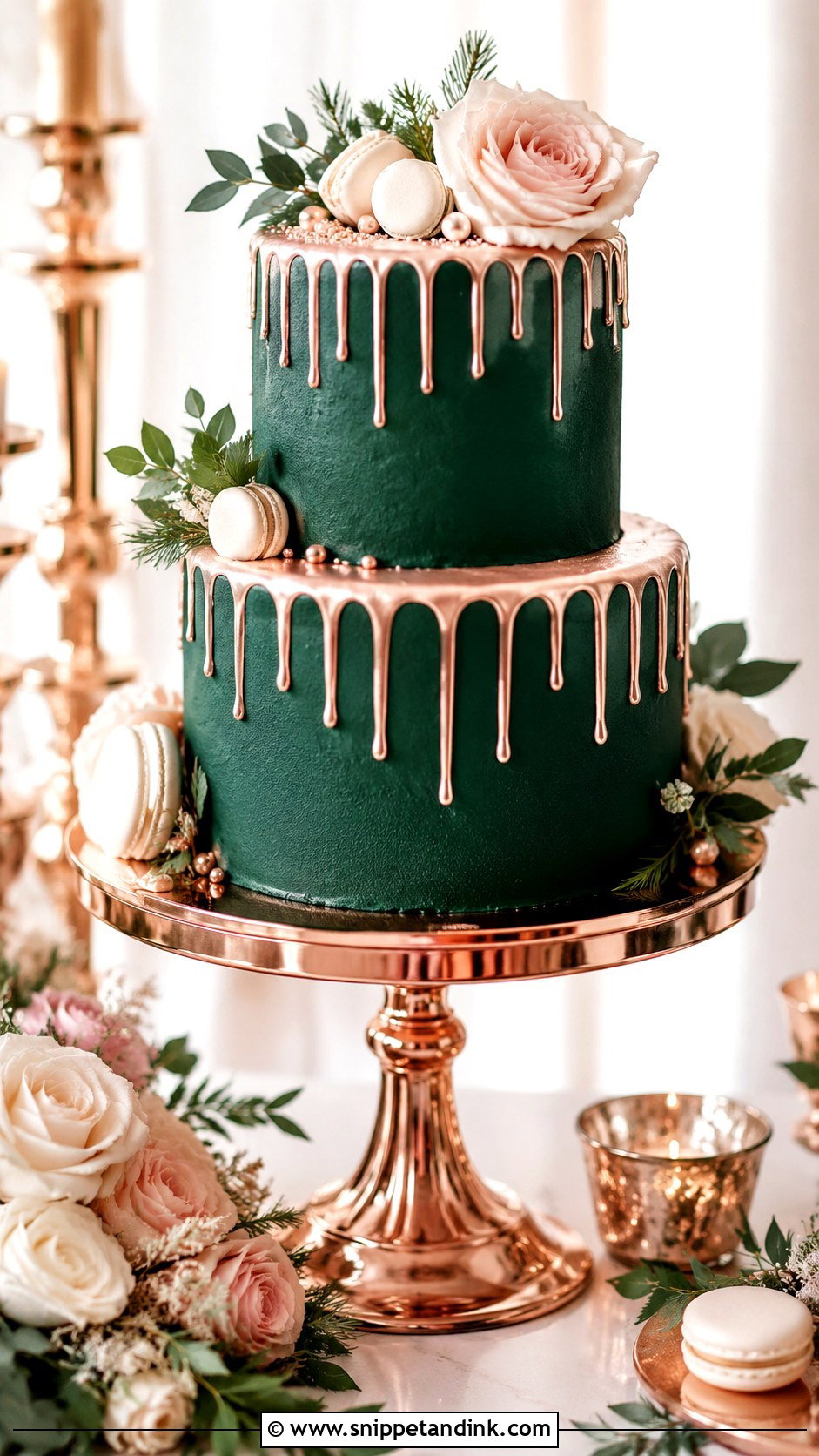 Emerald Green Drip Wedding Cake - Snippet and Ink - 20 Emerald Green and Rose Gold Wedding Cake Ideas