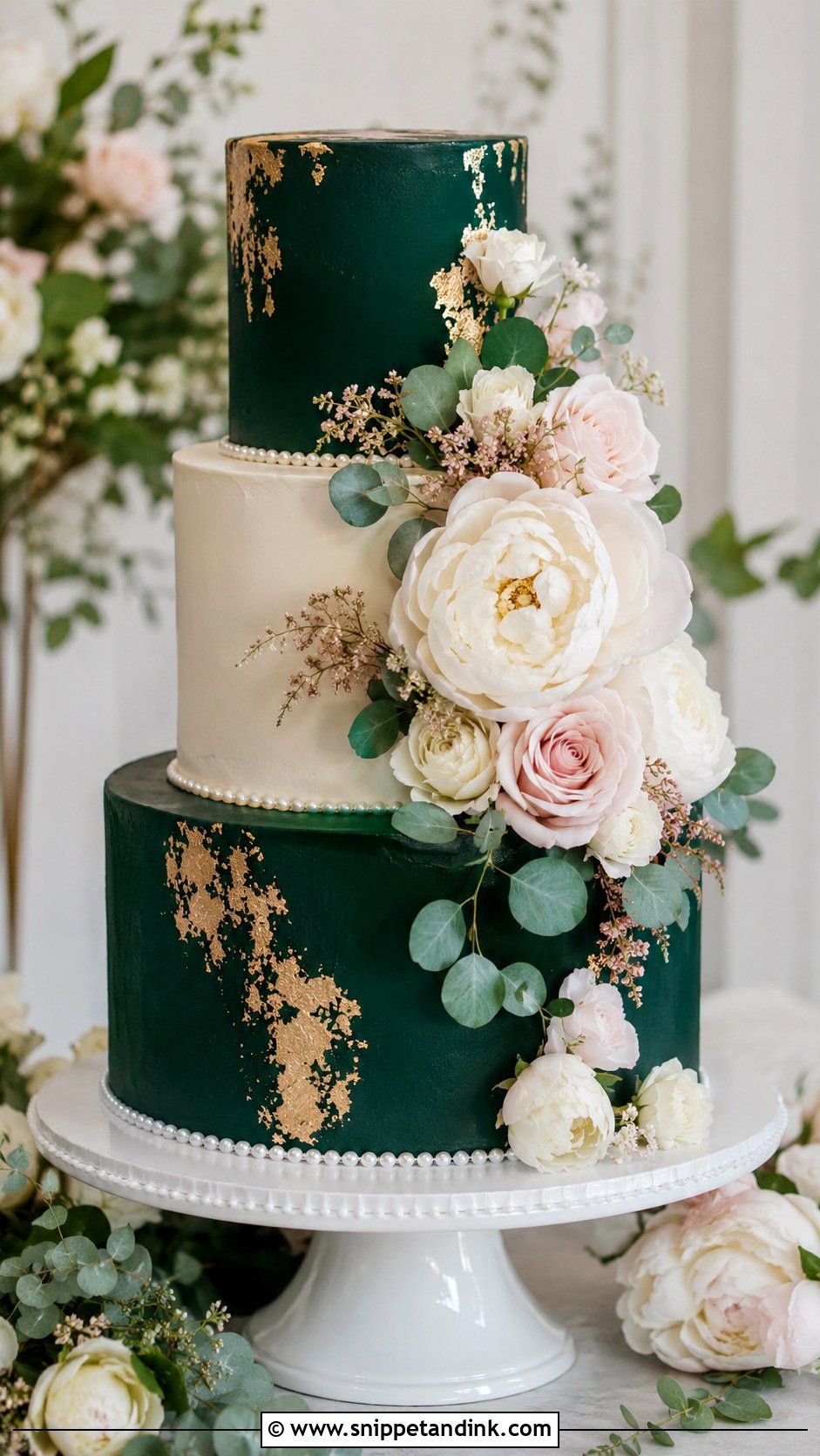 Emerald Green Floral Wedding Cake - Snippet and Ink - 20 Emerald Green and Rose Gold Wedding Cake Ideas