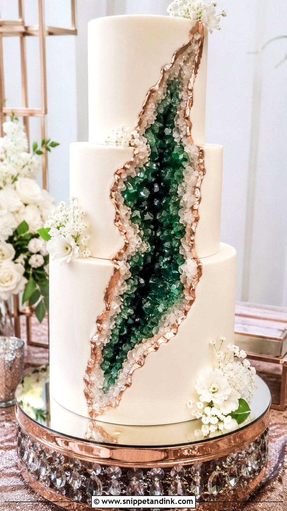 Emerald Green Geode Wedding Cake - Snippet and Ink - 20 Emerald Green and Rose Gold Wedding Cake Ideas