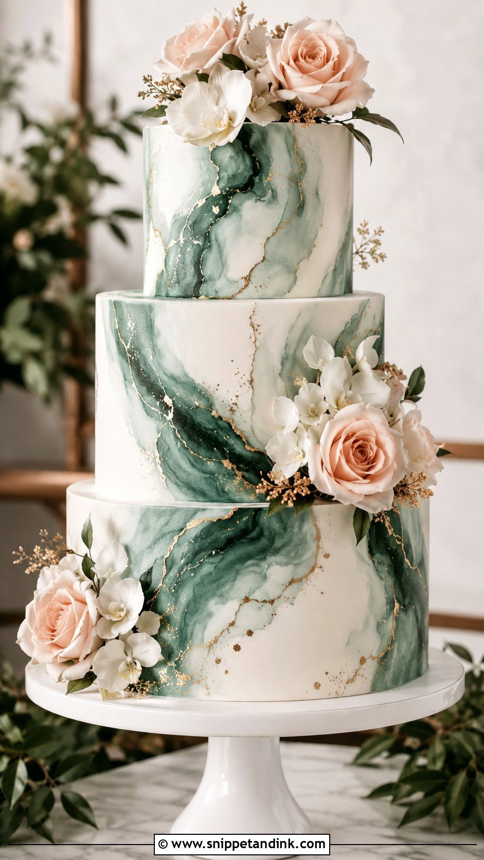 Emerald Green Marble Wedding Cake - Snippet and Ink - 20 Emerald Green and Rose Gold Wedding Cake Ideas