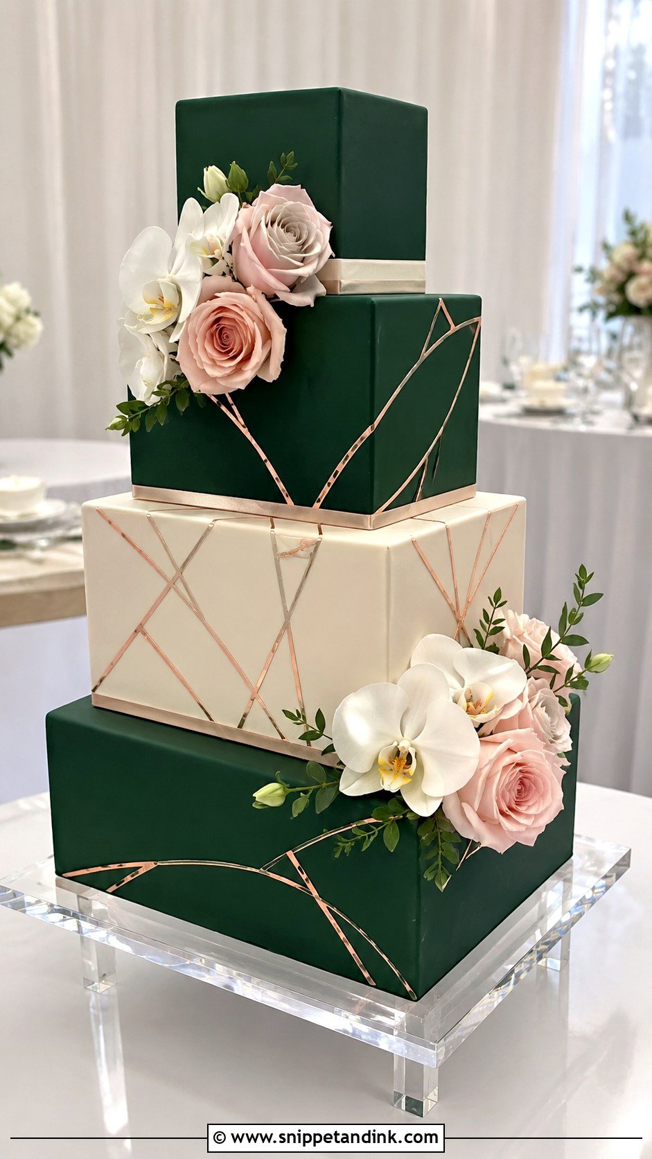 Emerald Green Square Wedding Cake - Snippet and Ink - 20 Emerald Green and Rose Gold Wedding Cake Ideas