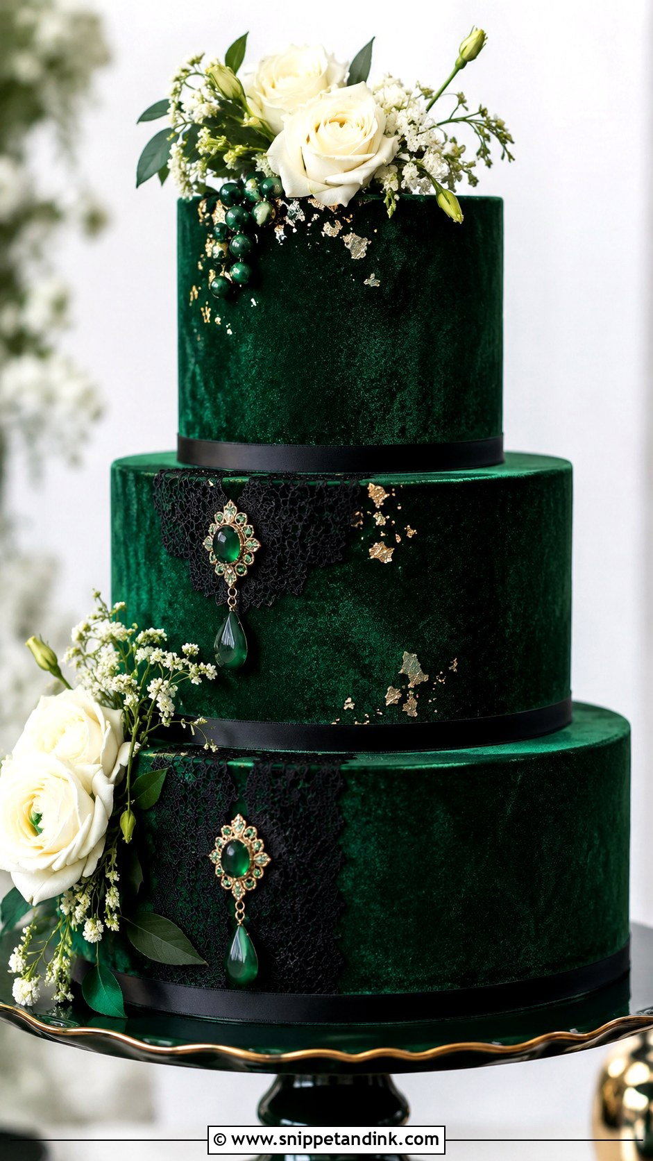 Emerald Green Velvet Wedding Cake With Black Details - Snippet and Ink - 25 Emerald Green and Black Wedding Cake Ideas