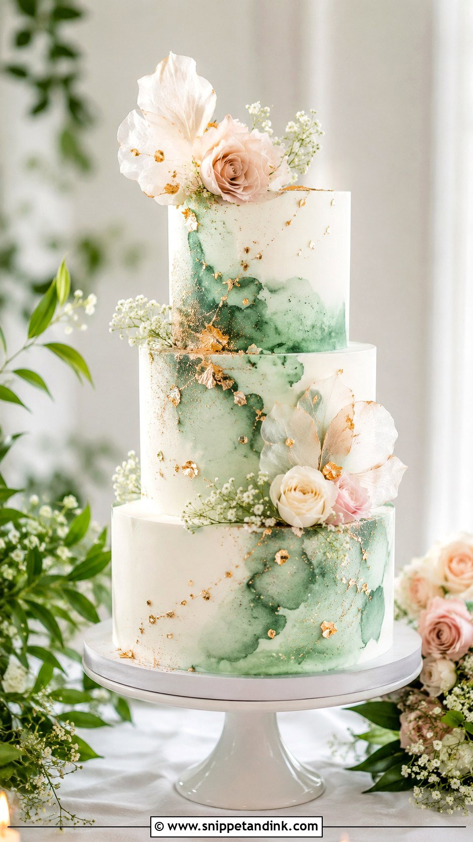 Emerald Green Watercolor Wedding Cake - Snippet and Ink - 20 Emerald Green and Rose Gold Wedding Cake Ideas