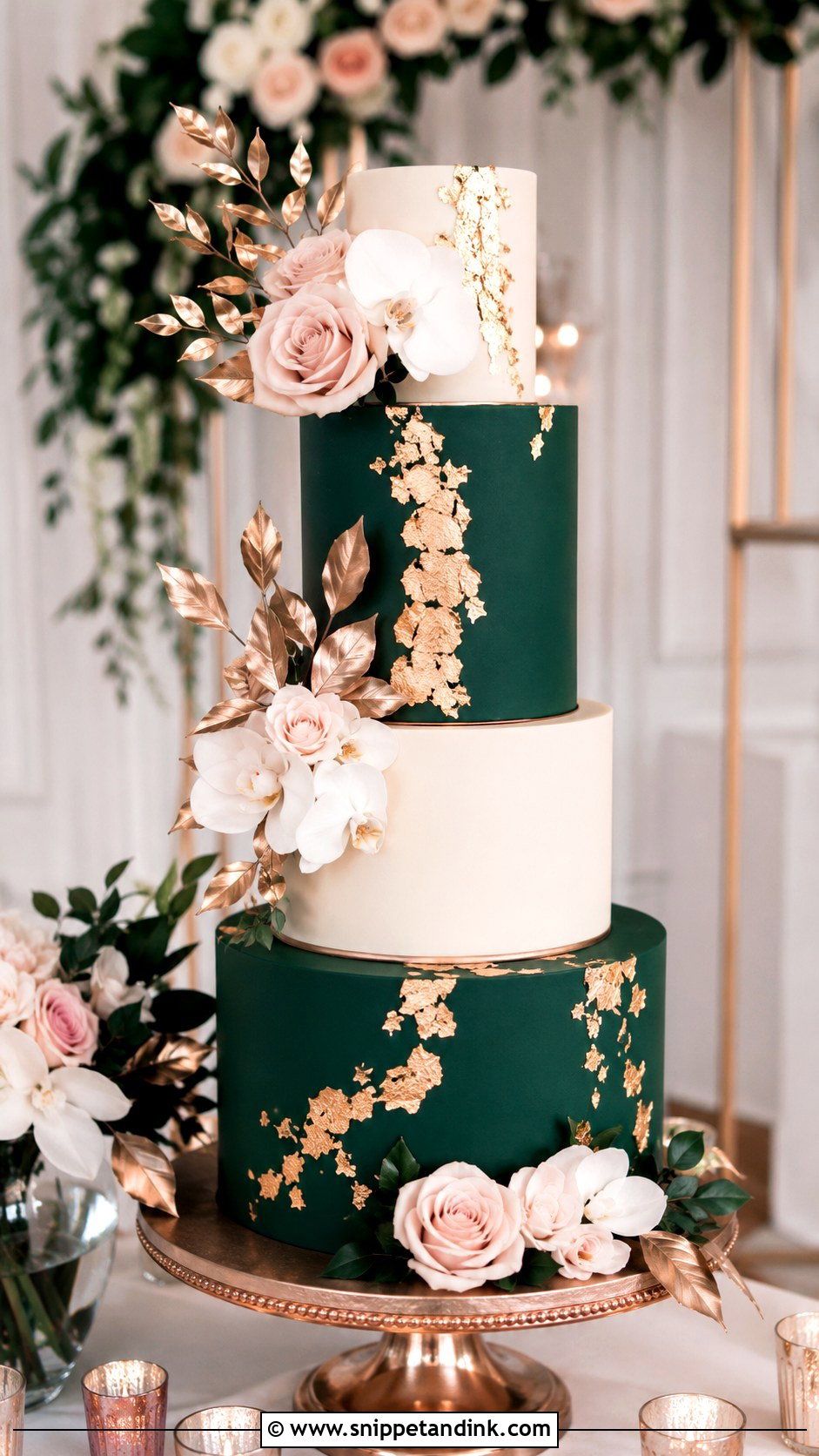 Emerald Green Wedding Cake With Gold Leaf - Snippet and Ink - 20 Emerald Green and Rose Gold Wedding Cake Ideas