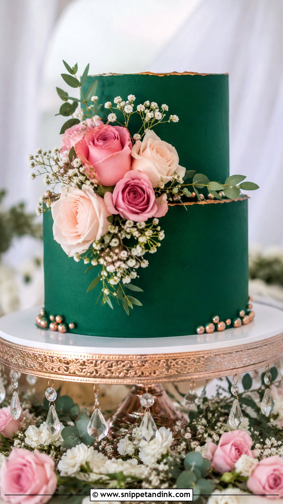Emerald Green Wedding Cake With Roses - Snippet and Ink - 20 Emerald Green and Rose Gold Wedding Cake Ideas