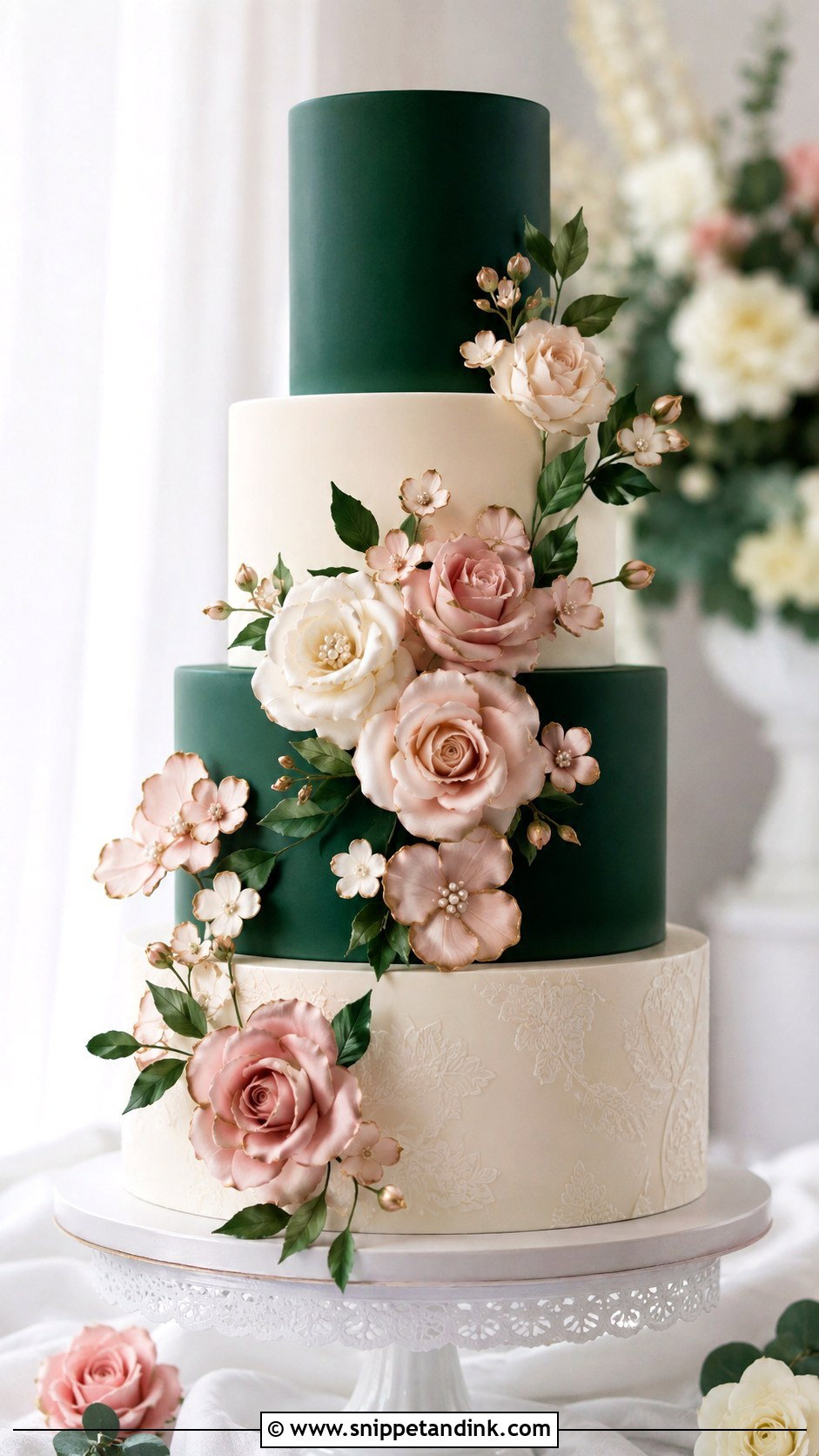 Emerald Green Wedding Cake With Sugar Flowers - Snippet and Ink - 20 Emerald Green and Rose Gold Wedding Cake Ideas
