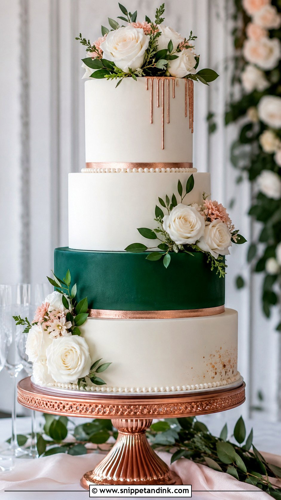 Emerald Green White And Rose Gold Wedding Cake - Snippet and Ink - 20 Emerald Green and Rose Gold Wedding Cake Ideas