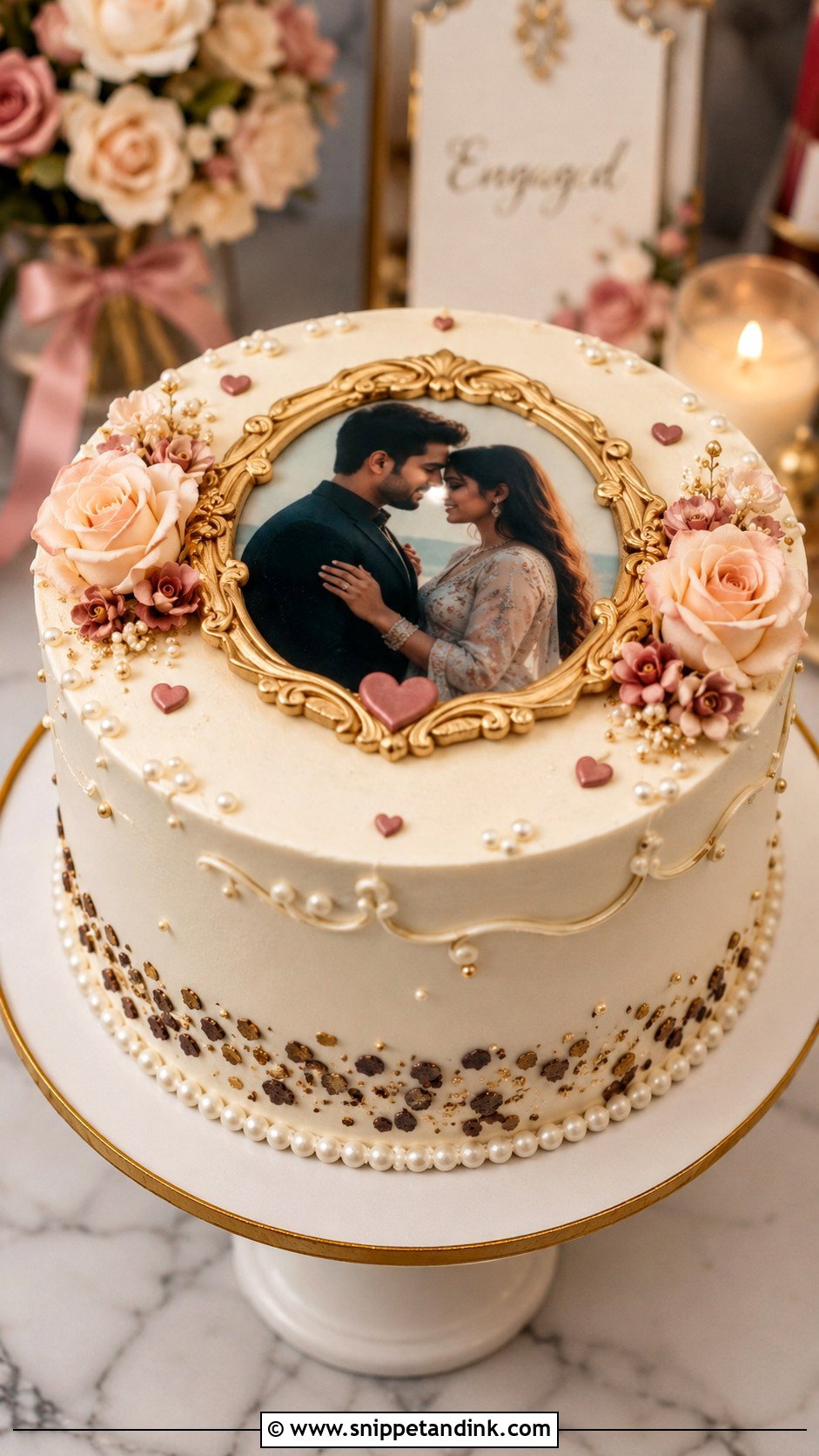 Engagement Cake With Edible Photo - Snippet and Ink - 20 Engagement Theme Cake Ideas