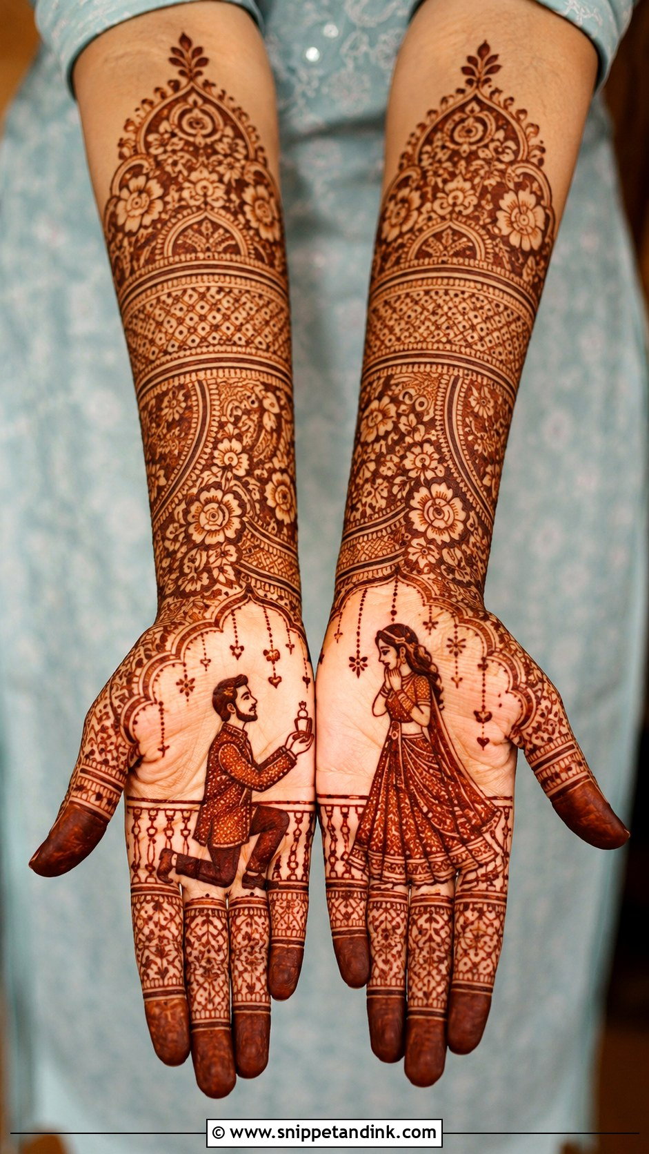Engagement Mehndi Design With Couple Portrait - Snippet and Ink - 30 Unique Engagement Mehndi Designs