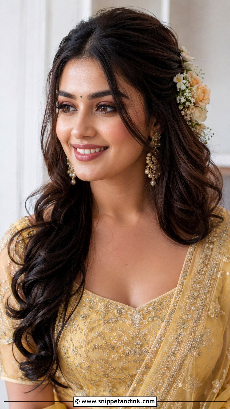 Engagement Open Hair With Floral Accessories - Snippet and Ink - 20 Engagement Open Hair Front Look Hairstyles