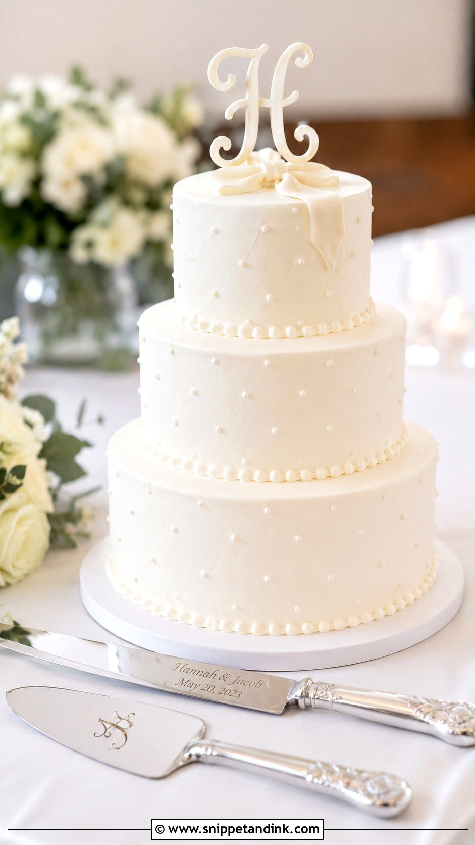 Engraved Wedding Cake Knife With Monogram Cake - Snippet and Ink - 30 Wedding Cake Knife Decoration Ideas