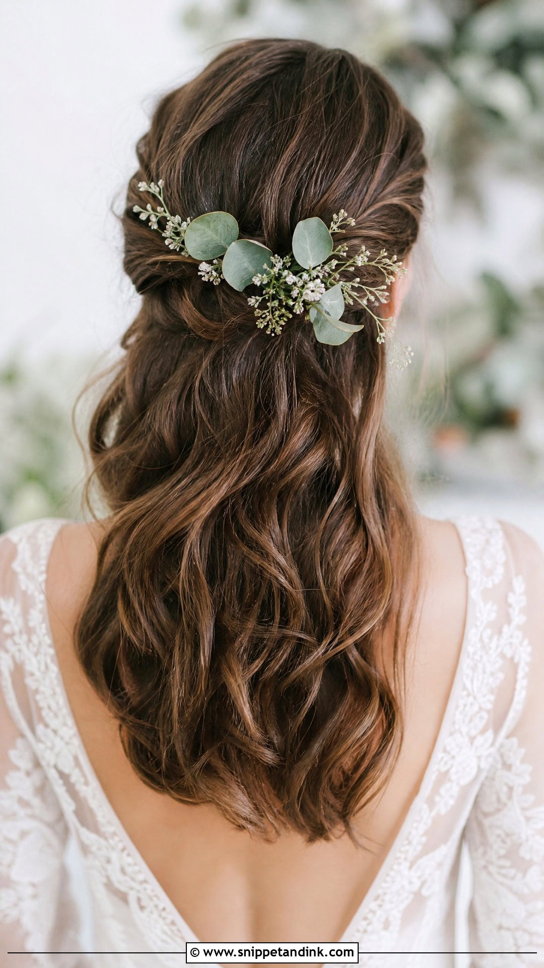 Eucalyptus and Floral Half Updo - Snippet and Ink - 20 Bridal Hair Flower Ideas