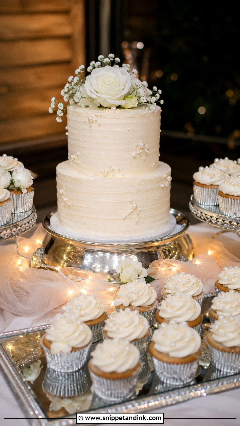 Fairy Light Wedding Cake Table With Cupcakes - Snippet and Ink - 20 Wedding Cake Table Ideas with Cupcakes