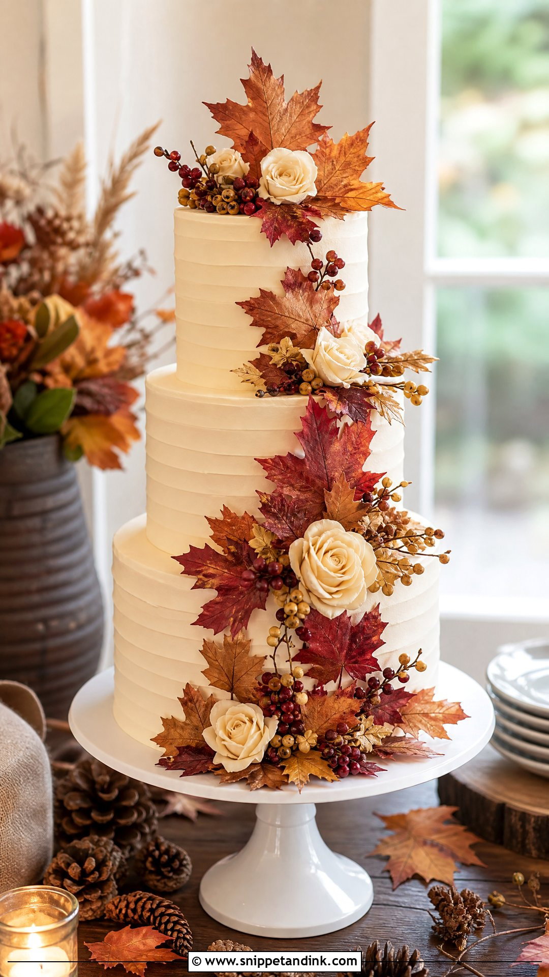 Fall Wedding Cake With Autumn Leaves - Snippet and Ink - 25 Fall Theme Cakes for Wedding