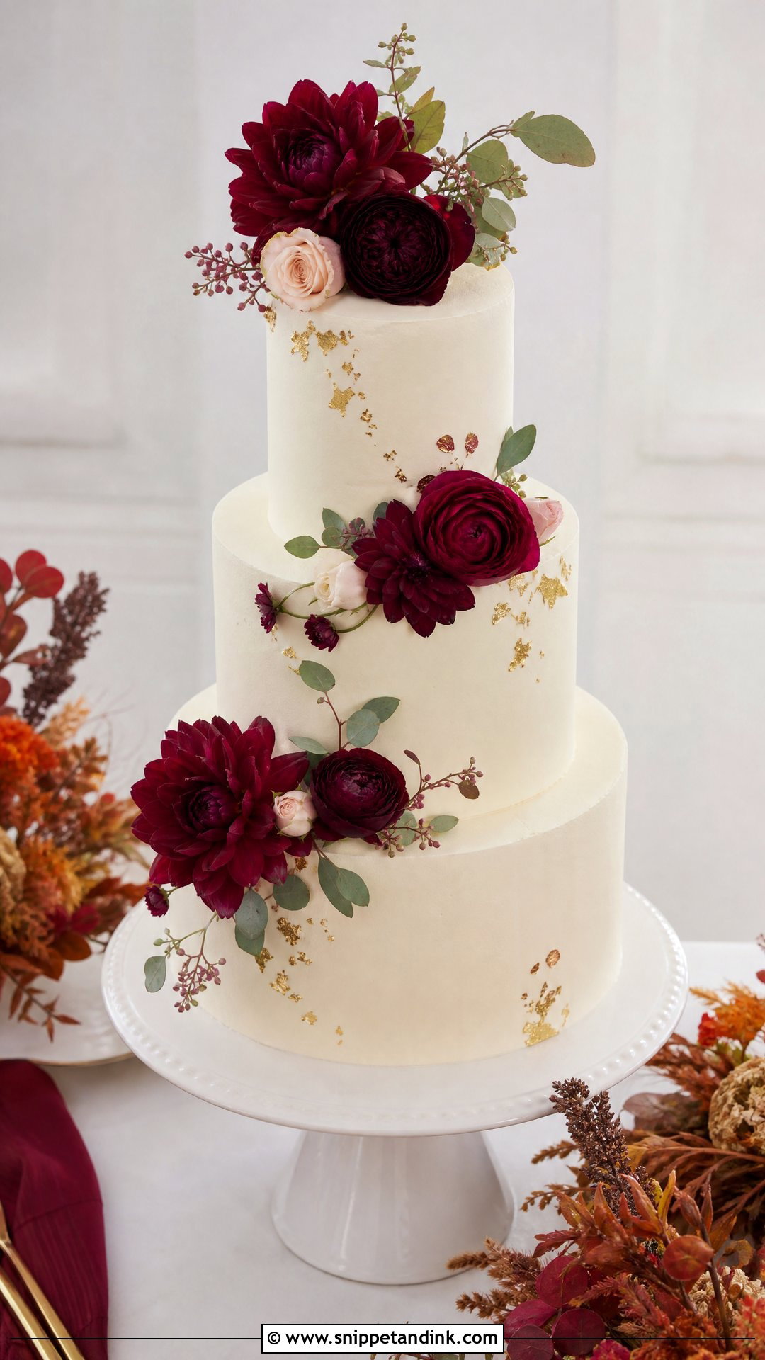 Fall Wedding Cake With Burgundy Flowers - Snippet and Ink - 25 Fall Theme Cakes for Wedding