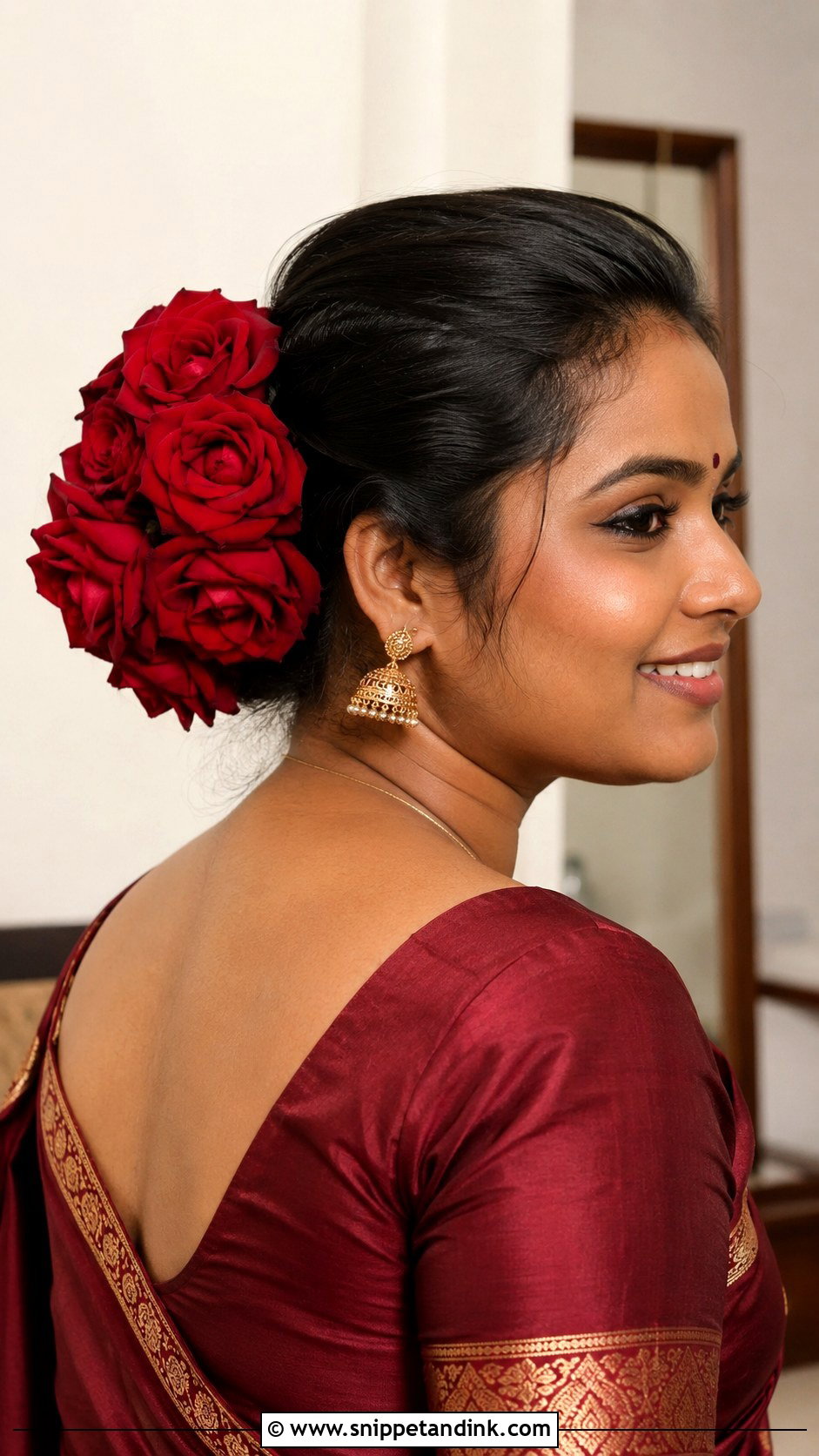 Faux Bun With Flower Accessory - Snippet and Ink - 25 Short Hairstyle Women Indian Wedding Ideas