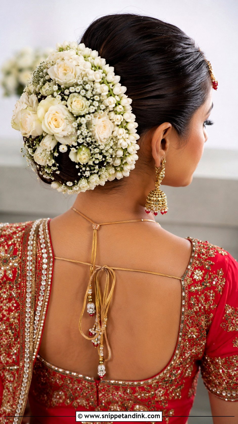 Faux Bun With Fresh Flowers - Snippet and Ink - 25 Indian Wedding Hairstyle for Short Hair Ideas