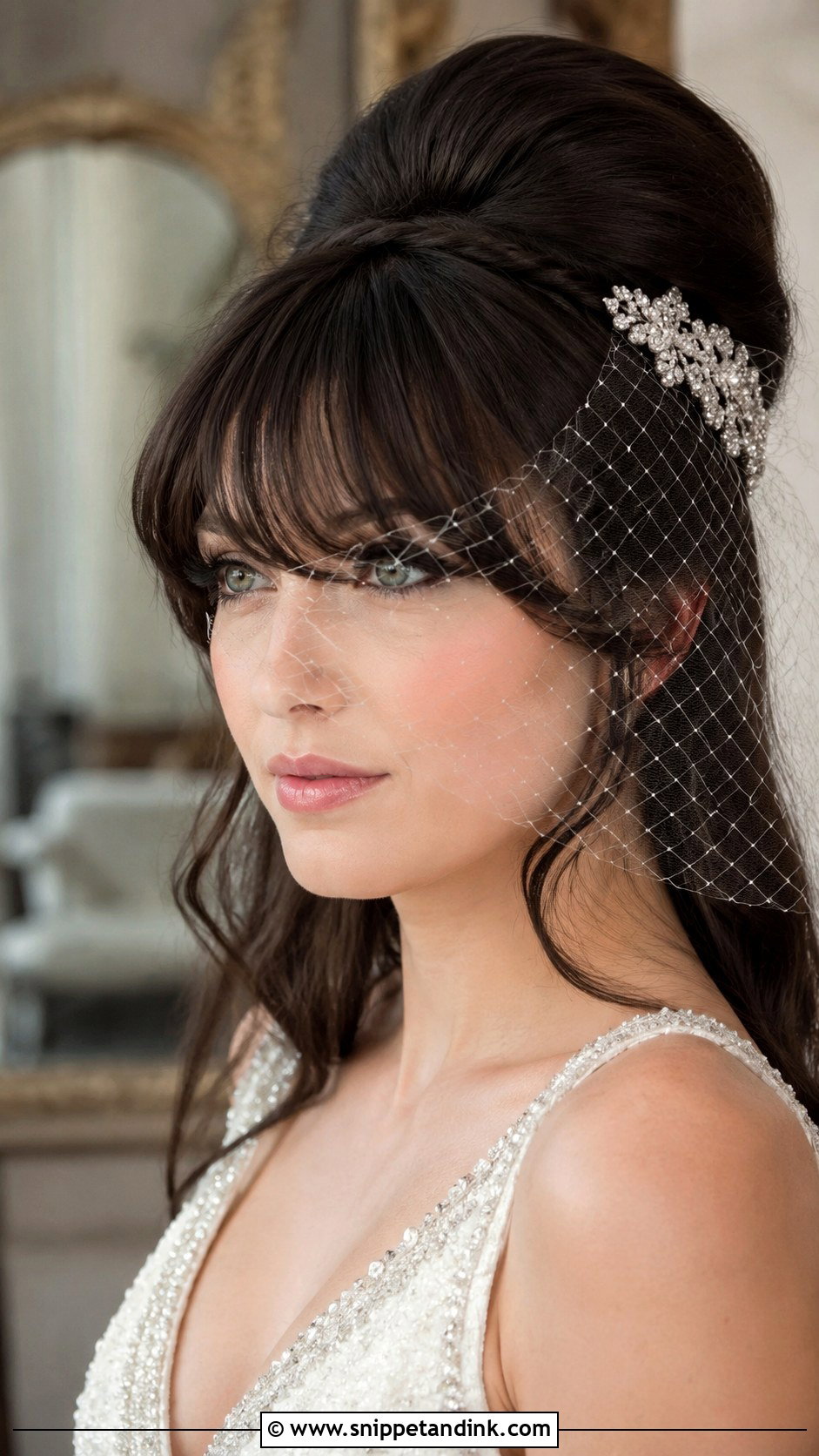 Feathered Bangs With Half Up Beehive - Snippet and Ink - 25 Wedding Hair Bangs Ideas