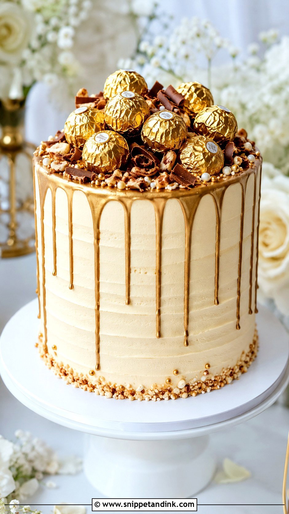 Ferrero Rocher Gold Drip Wedding Cake - Snippet and Ink - 20 Ferrero Rocher Cake Decorating Ideas for Wedding