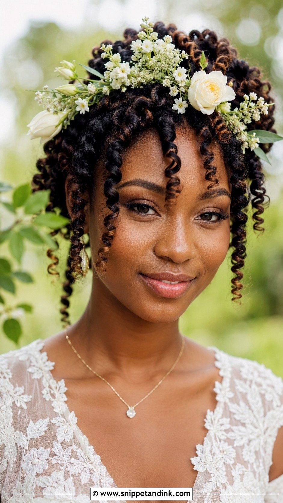 Finger Coils With Floral Crown - Snippet and Ink - 25 Afro Bridal Hairstyles