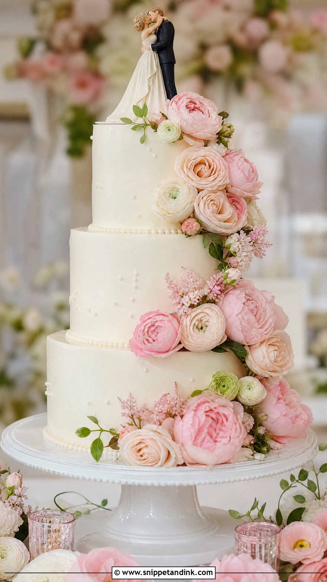 First Kiss Wedding Cake With Blush Flowers - Snippet and Ink - 25 First Kiss Cake Ideas for Wedding