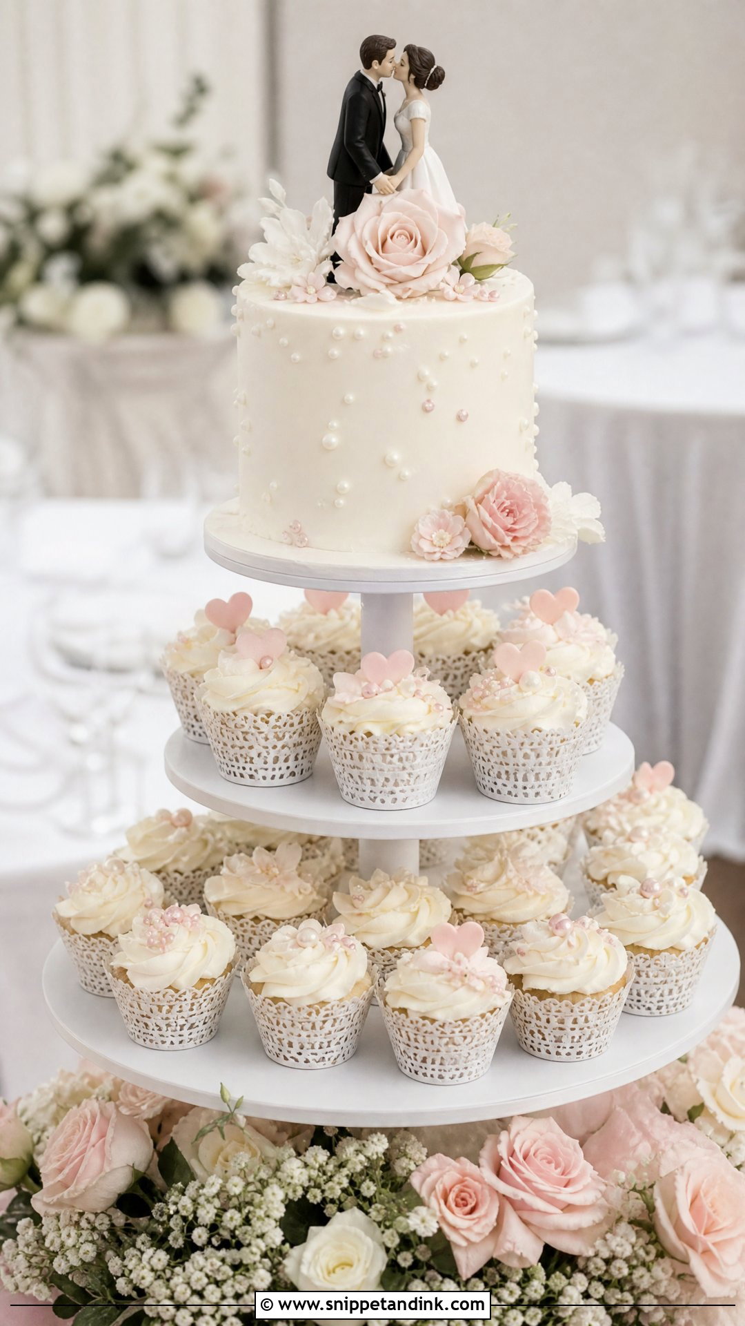 First Kiss Wedding Cake With Cupcake Tower - Snippet and Ink - 25 First Kiss Cake Ideas for Wedding