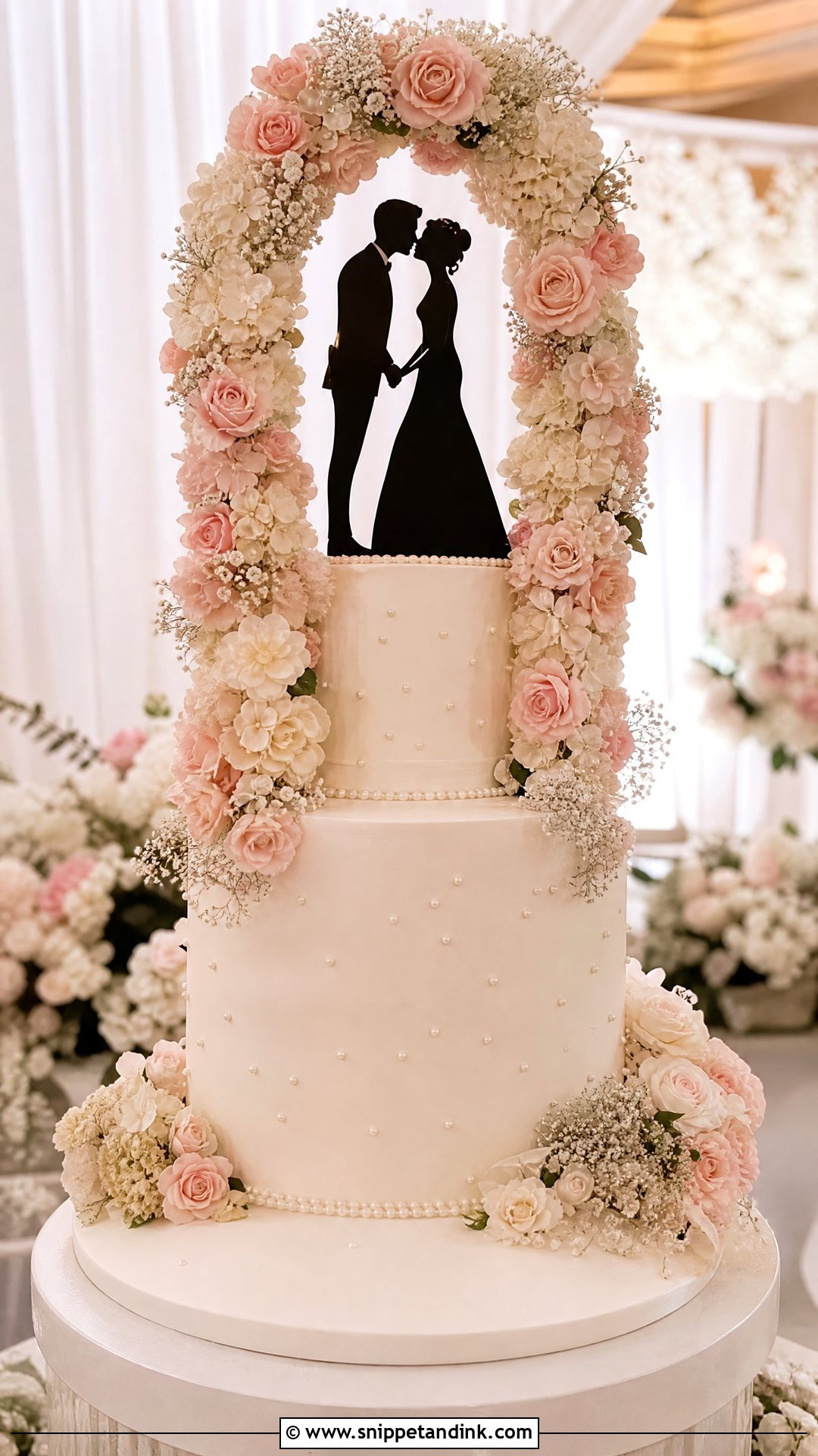 First Kiss Wedding Cake With Floral Arch - Snippet and Ink - 25 First Kiss Cake Ideas for Wedding